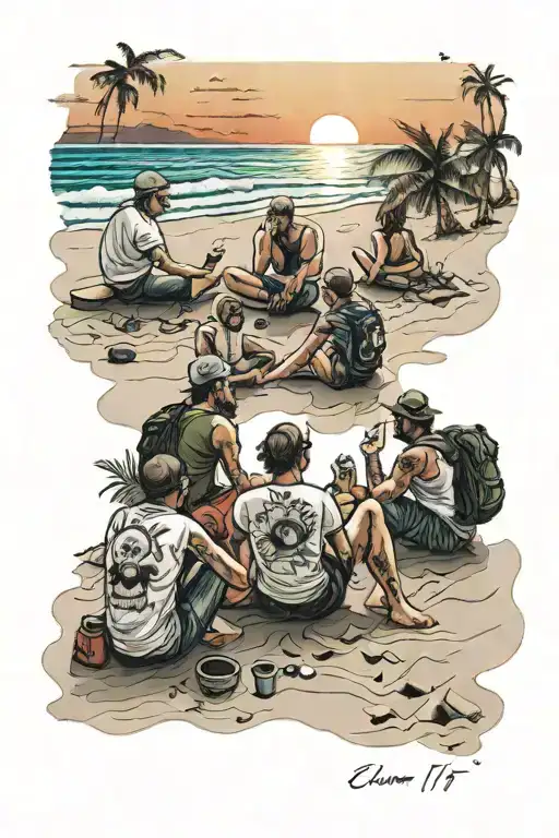 Five People Sitting Down In The Sand Watching The Sun Rise Smoking Blunts Enjoying Life