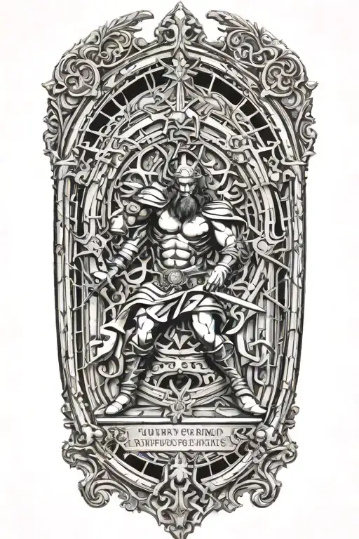 Cathedral Glass Window With Warrior Battling Demons