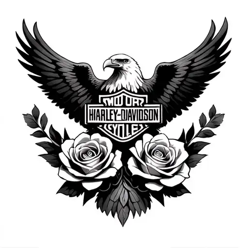 A Black Realistic Harley Davidson Logo With Two Soft Roses And A Beautiful Realism Eagle