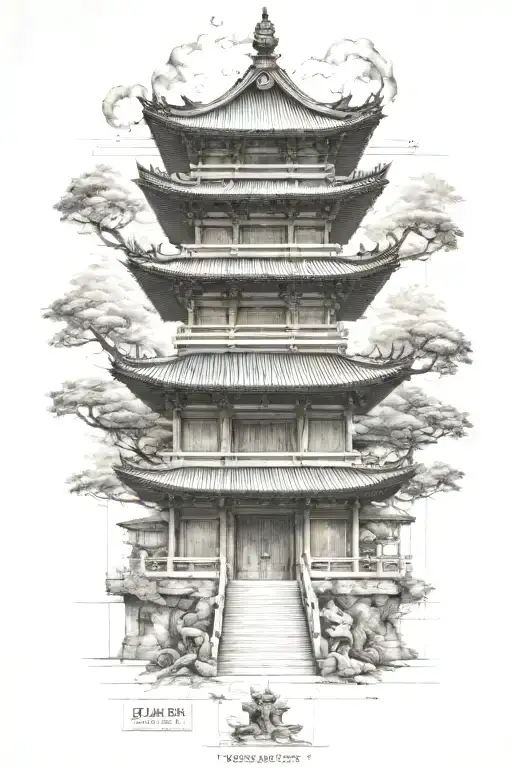 Engineer's Blueprint Of A Japanese Temple With Foo Dogs Guarding The Entrance