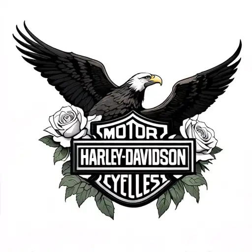 A Black Realistic Harley Davidson Logo With Two Soft Roses And A Beautiful Realism Eagle