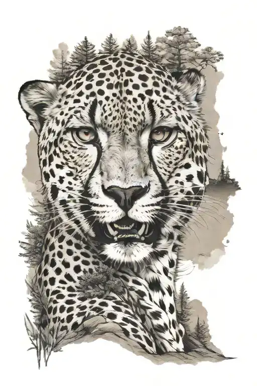 Cheetah With Forest And Mountains