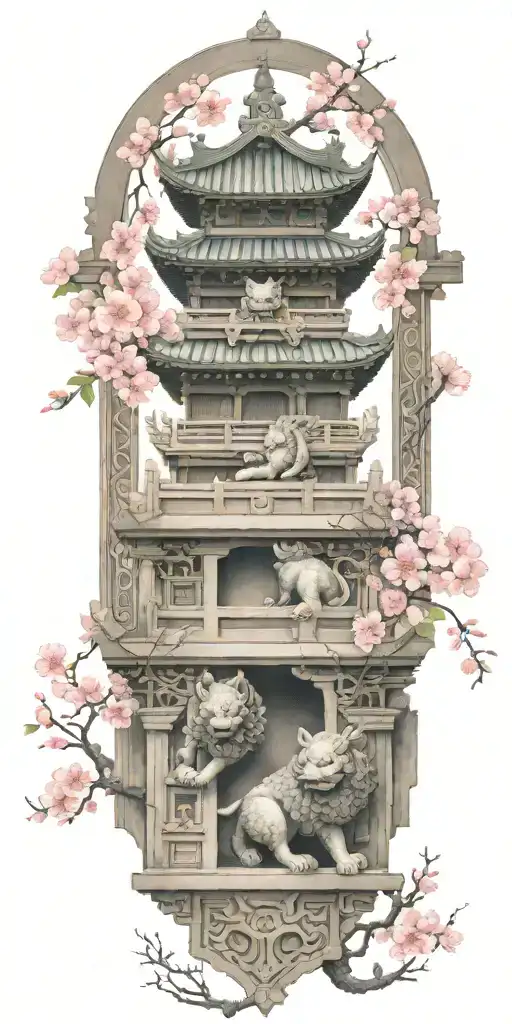 Two Japanese Foo Dog Guarding A Temple Gate Cherry Blossom