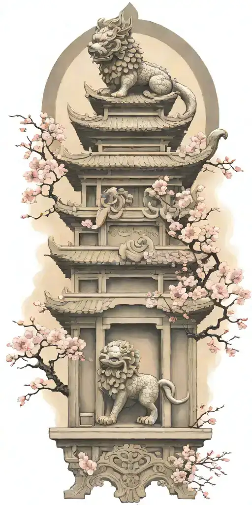 Two Japanese Foo Dog Guarding A Temple Gate Cherry Blossom