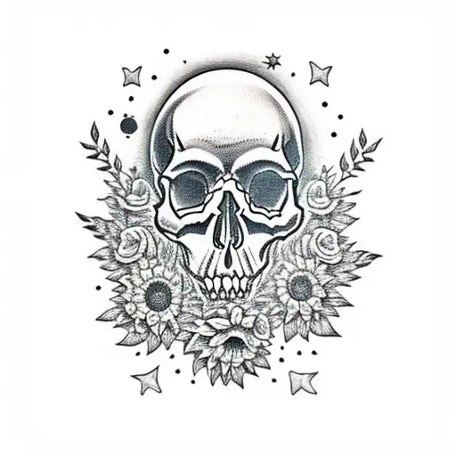Skull With A Moon And The Stars And A Sunflower
