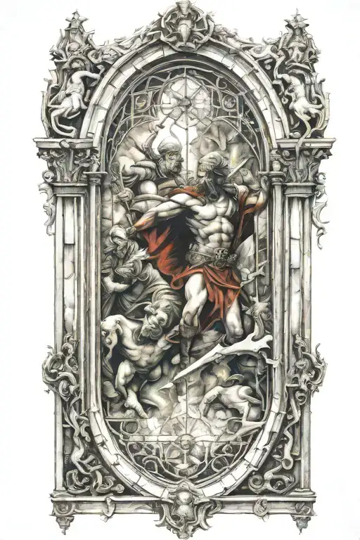 Cathedral Glass Window With Warrior Battling Demons
