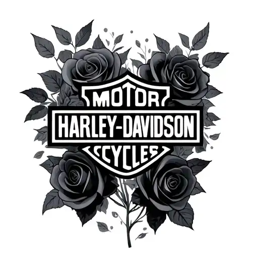 A Black And Grey Harley Davidson Logo With Softly Shaded Black And Grey Realistic Roses Around It
