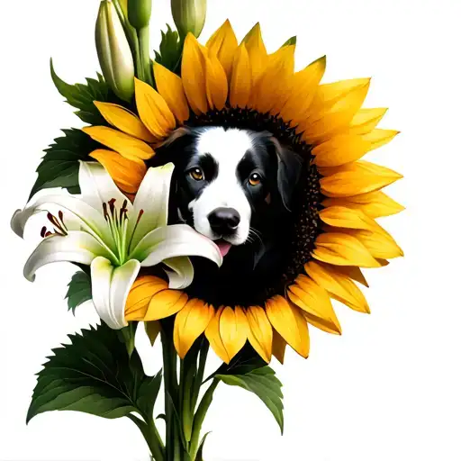 A Sunflower And Lily Bouquet With A Silhouette Of A Dog Hidden Within The Petals