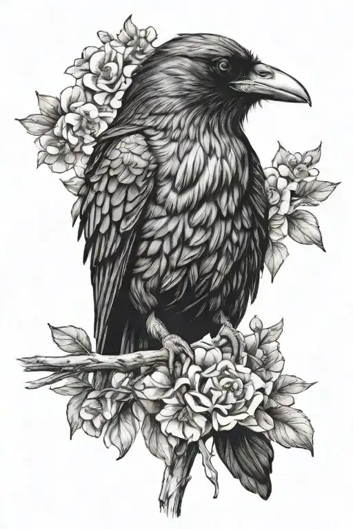 Realistic Raven Drawing On A Branch With Flowers In Black And White