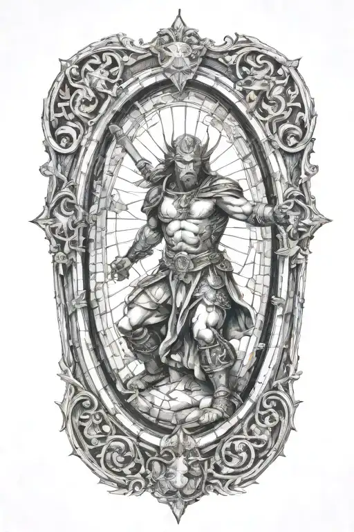 Cathedral Glass Window With Warrior Battling Demons