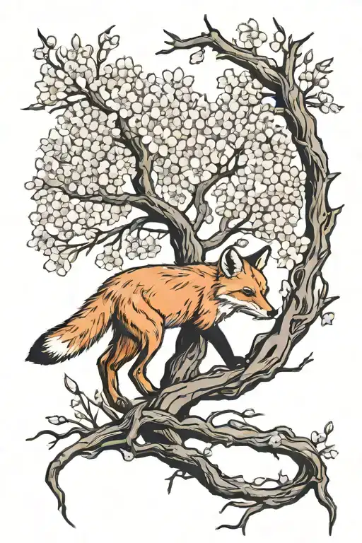 Fox With Tail Turning Into Cherry Blossom Tree With Rooted In Christ Roots Under