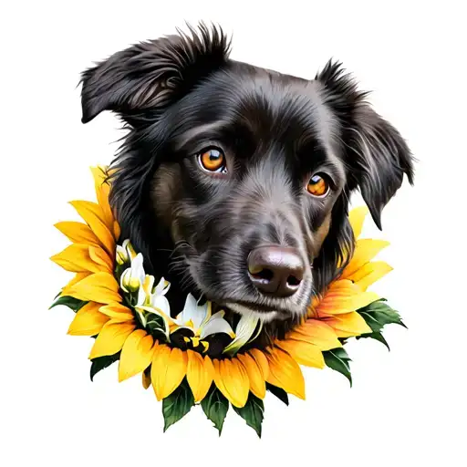 A Realistic Portrait Of A Dog With A Sunflower And Lily Collar