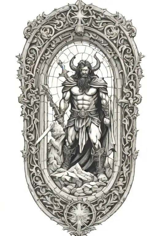 Cathedral Glass Window With Warrior Battling Demons