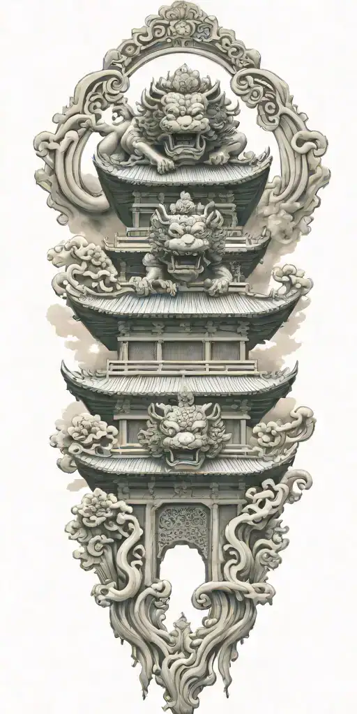 Two Japanese Foo Dog Guarding A Temple Gate Great Wave