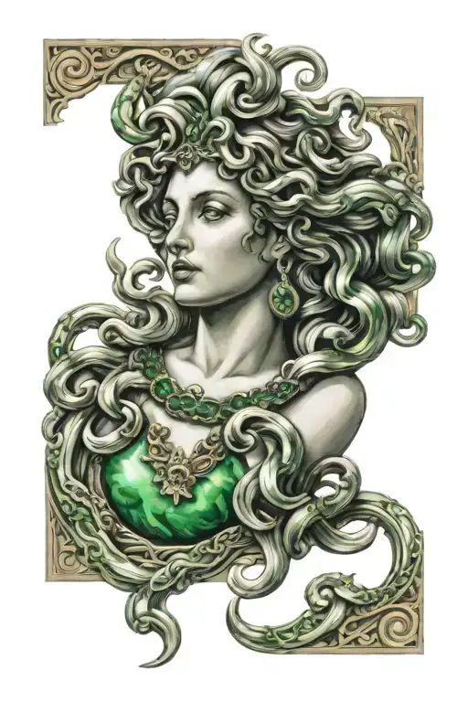 Godess Medusa With Emerald Necklace In Vintage Border Frame