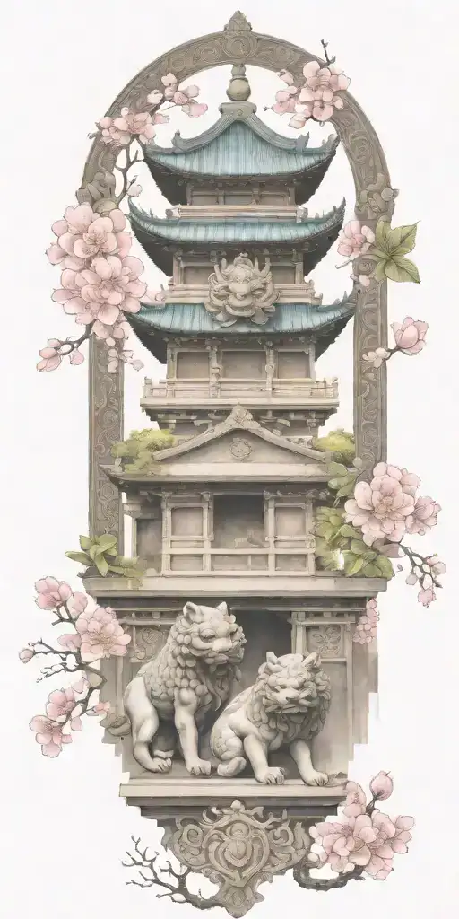 Two Japanese Foo Dog Defending A Sacred Temple Surrounded By Blooming Flowers