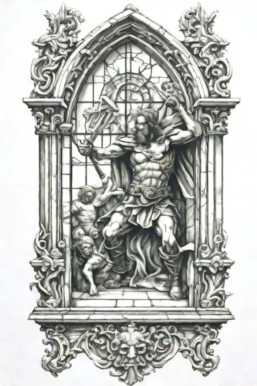 Cathedral Glass Window With Warrior Battling Demons