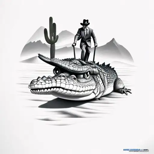 A Salesman Riding A Crocodile Through A Desert Landscape With Water