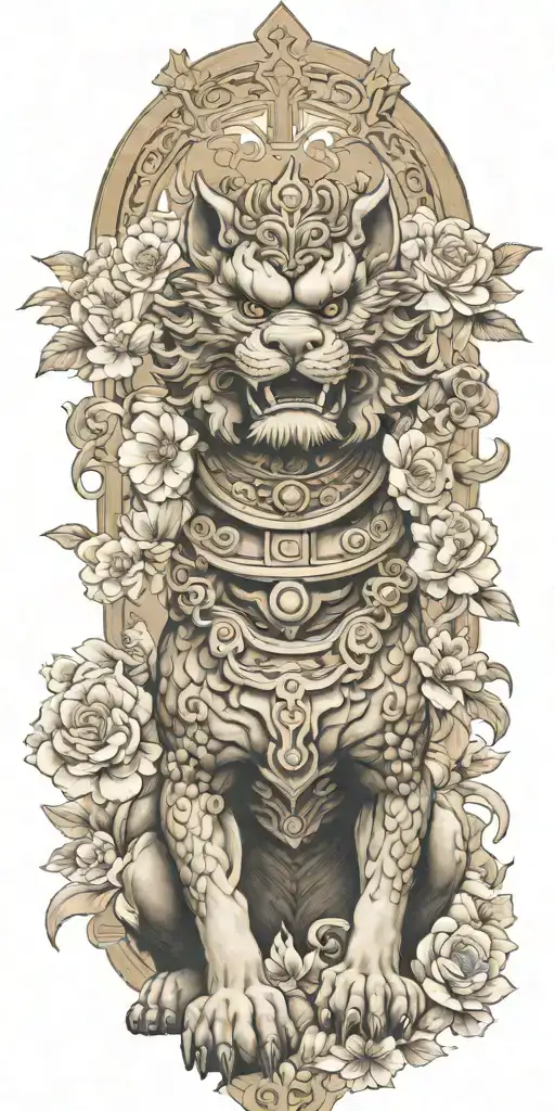 Two Japanese Foo Dog Standing Defending A Sacred Temple Surrounded By Blooming Flowers