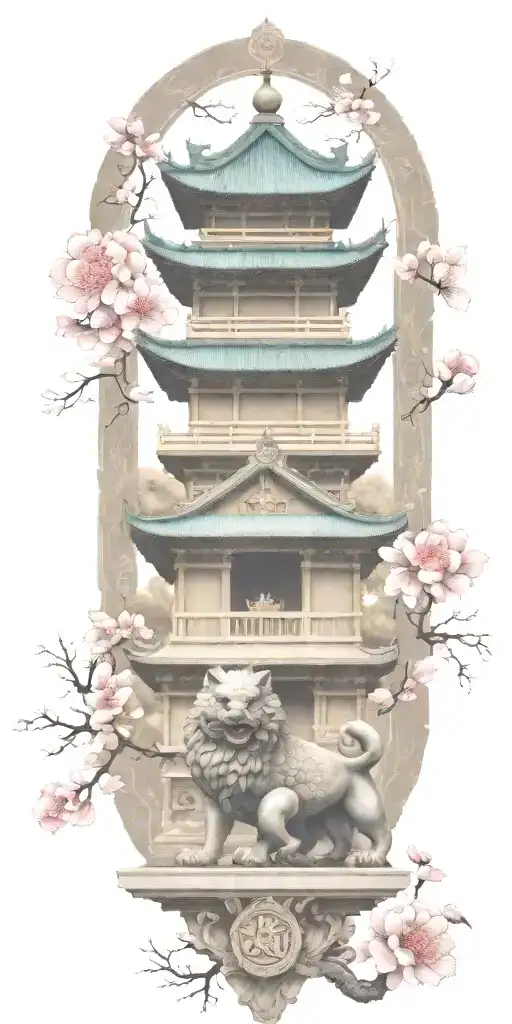 Two Japanese Foo Dog Defending A Sacred Temple Surrounded By Blooming Flowers
