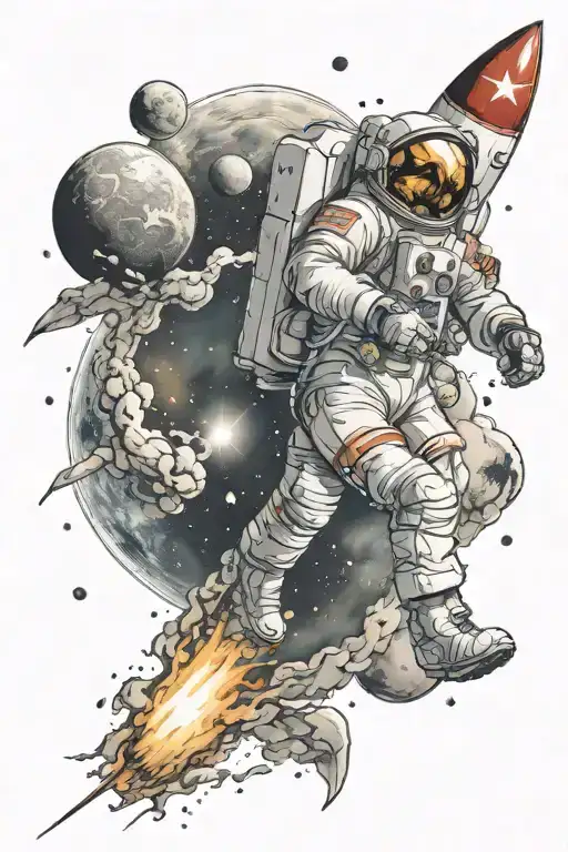 Astronaut With A Rocket In Outer Space Against The Background Of Real Planets