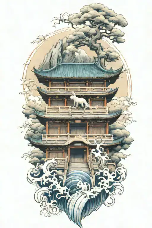 Two Japanese Foo Dog Guarding A Temple Gate Great Wave Off Kanagawa