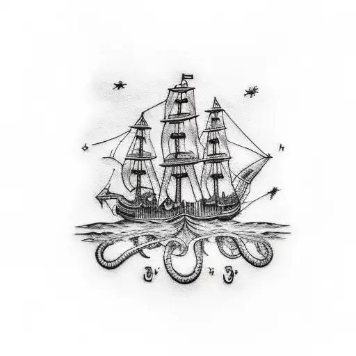 Pirate Ship With A Kraken And A Compass