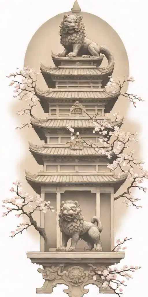 Two Japanese Foo Dog Guarding A Temple Gate Cherry Blossom