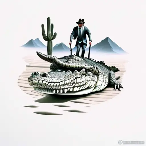 A Salesman Riding A Crocodile Through A Desert Landscape With Water