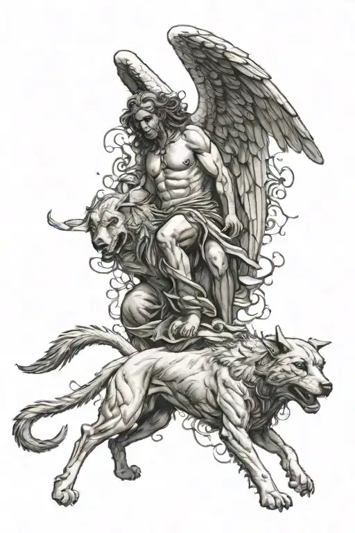 Painting Of Fallen Angel Above Cerberus With Heads Of