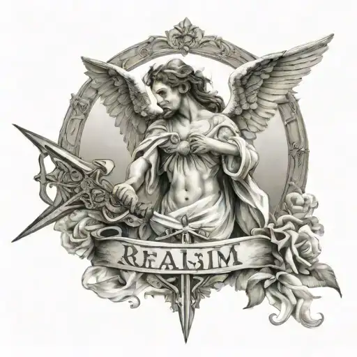 Angel With Sword Cross And Phrase