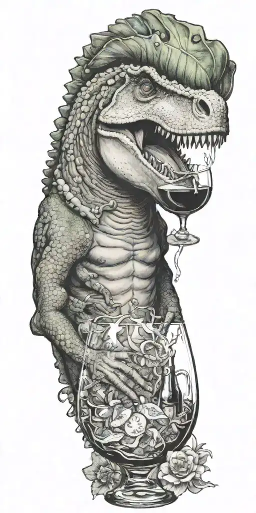 Aquarius Dinosaur Drinking Wine With Elements Of Food Service And Homosexuality