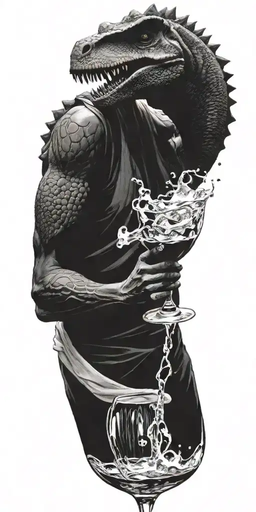 Aquarius Dinosaur In A Toga Pouring Wine With Elements Of Food Service