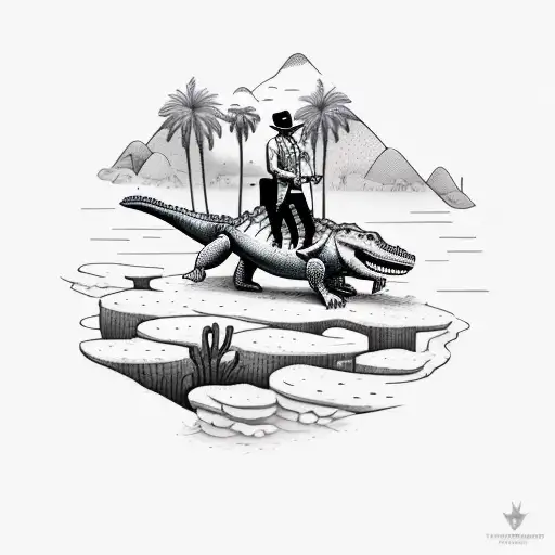 A Salesman Riding A Crocodile Through A Desert Landscape With Water