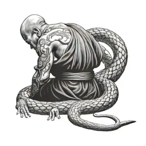 Back Of A Monk Wrapped In A Snake