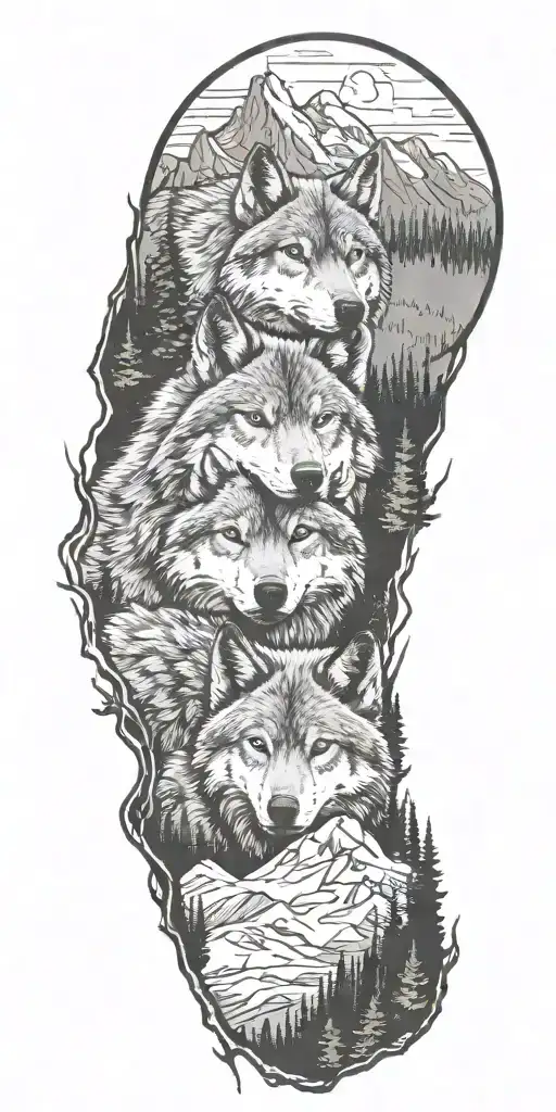 Father Wolf And A Cub In Forest Surrounded By A Mountain Range