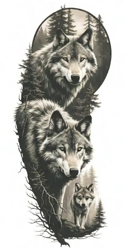 Wolf And Cub In Forest