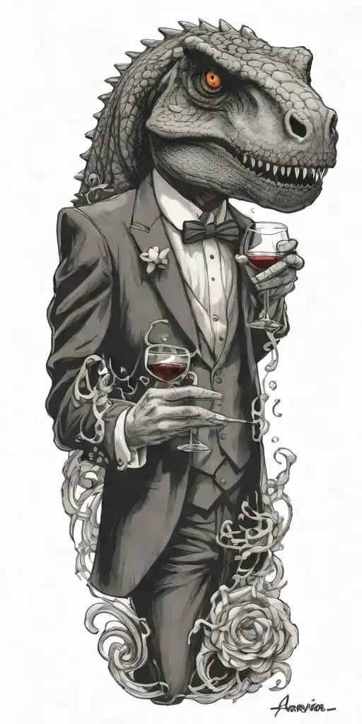 Aquarius Zodiac Sign Entangled With A T-rex In A Tuxedo Serving Wine And Smoking A Cigarette