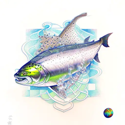 Jumping Salmon In Waterfall With Space And Geometric Background