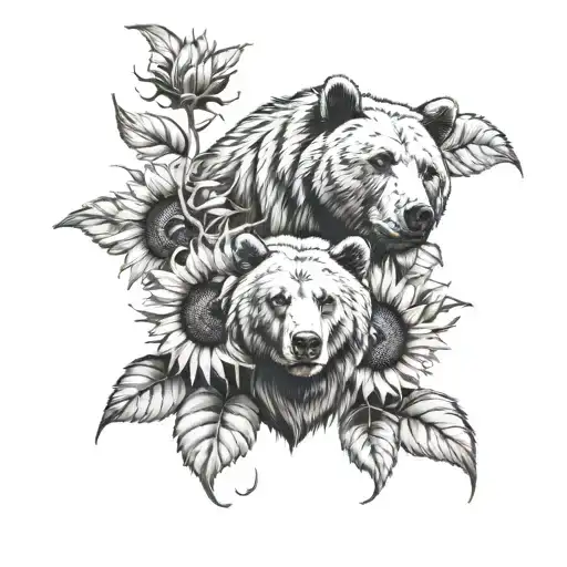 Two Sunflowers One Larger Than The Other With Leaves And With A Friendly Bear Head