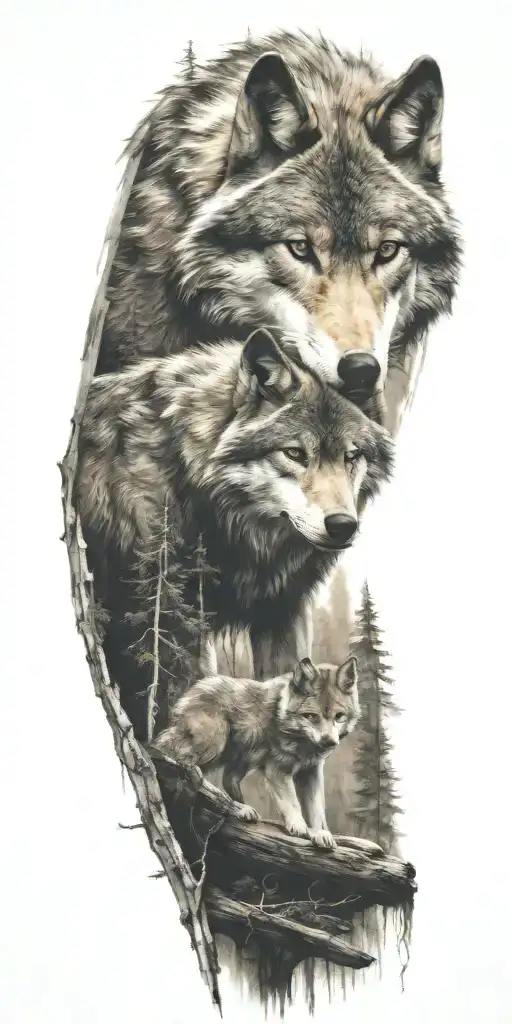 Wolf And Cub In Forest