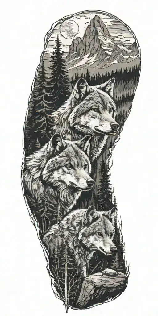 Father Wolf And A Cub In Forest Surrounded By A Mountain Range