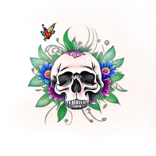 Skull With Flowers And Butterflies