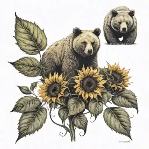 Two Sunflowers One Larger Than The Other With Leaves And With A Friendly Bear
