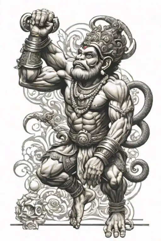 Hanuman With Other Elements In Action On Arm That Spreads To Tricep And Little Bit Till The Elbow