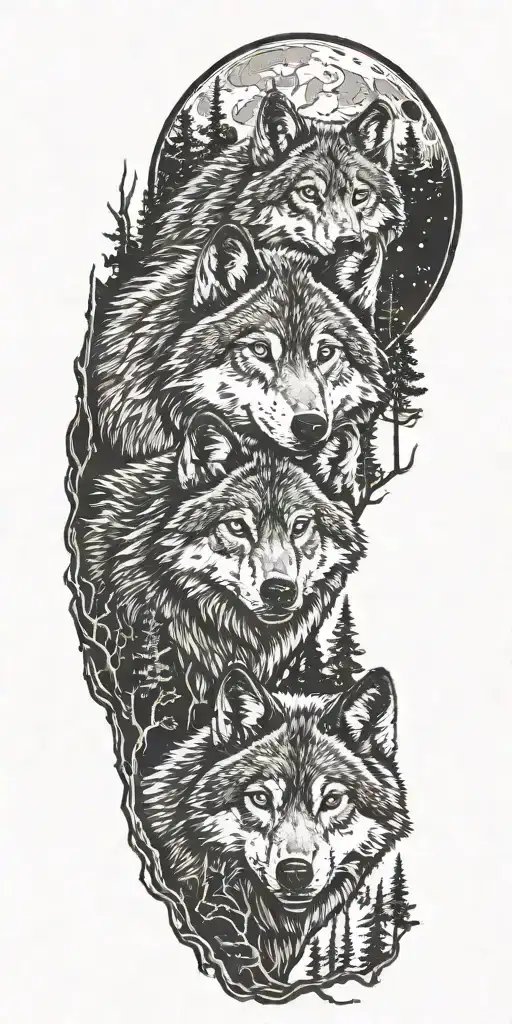 One Wolf And One Cub In Moonlit Forest Scene