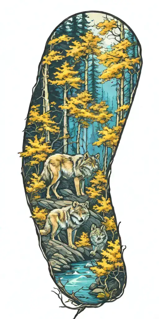 One Wolf And Cub In Forest