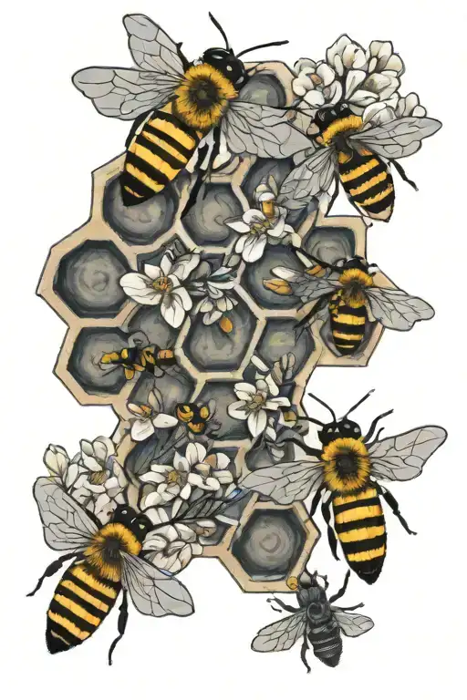 Honeycomb With Bees And Floral