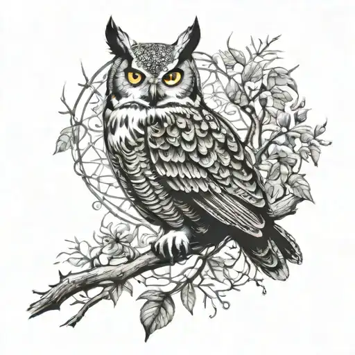 Horned Owl Perched On A Branch Surrounded By Wind Blowing Leaves