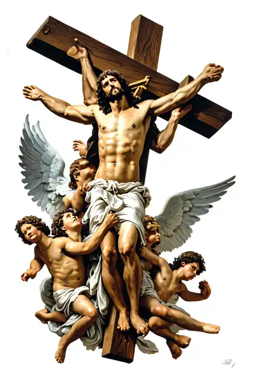 Jesus Carrying The Cross Surrounded With Angels Fighting With Wings And Heaven